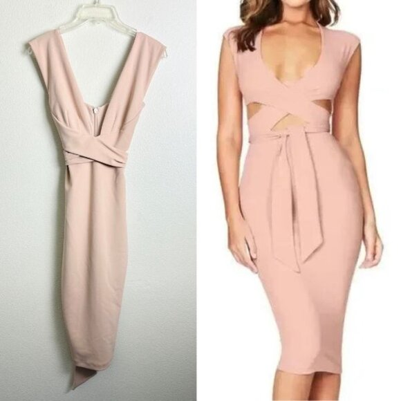 Nookie Dresses & Skirts - Nookie Women's Miami Midi Dress Beige Size XS Bodycon Waist Tie Classic Zip